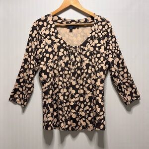 Boden Floral Brown Ivory Print Top Shirt 3/4 Sleeve Gathered Neck Line Womens L